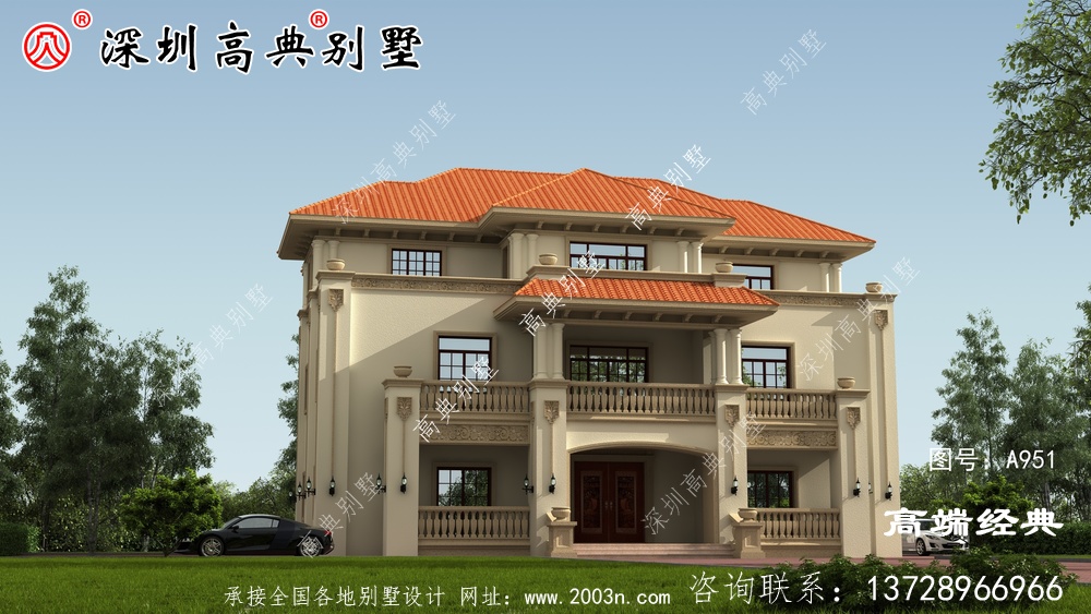 三层乡村别墅外观图，简约大气，功能丰富，就是真正的别墅